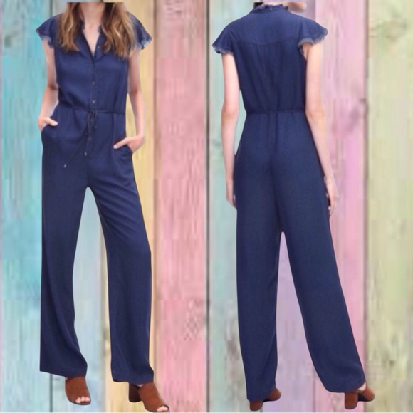 Splendid Blue Frayed Wide Leg Chambray Jumpsuit NWOT - Picture 1 of 12
